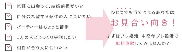 気軽に出会って、結婚前提がいい・自分の希望する条件の人に会いたい・パーティーはちょっと苦手・1人の人とじっくり会話したい・相性が合う人に会いたい→ひとつでも当てはまるあなたはお見合い向き！まずはプレ婚活・中高年プレ婚活で無料体験してみませんか？