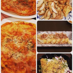 居酒屋　安兵衛、ピザ、ポテト、油揚げ、サラダ