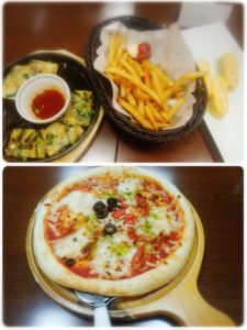 いっさく上越インター店、ポテトの盛り合わせ、卵焼き、ピザ