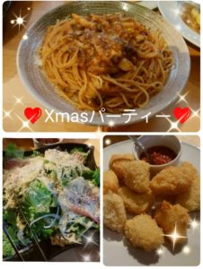 ぱぜすこ、パスタ、揚げ物、サラダのプレート