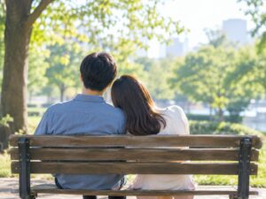 公園のベンチで寄り添って座るふたり